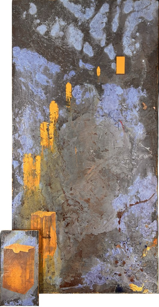 She Chose, 2025
Acrylic, concrete and canvas on wood panel
90 x 38 x 4 in